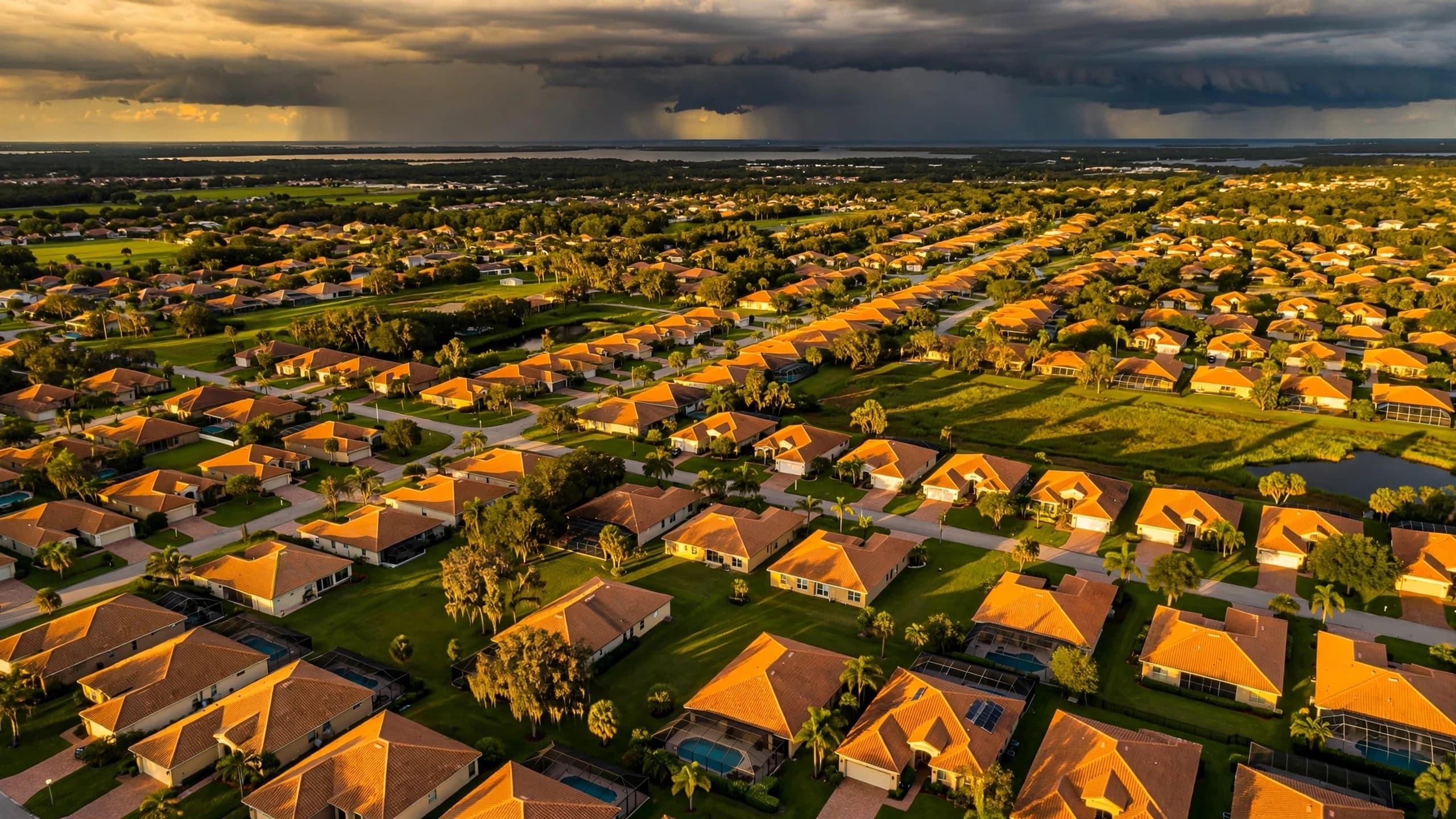 Florida suburban rooftops at golden hour, light breaking through clouds