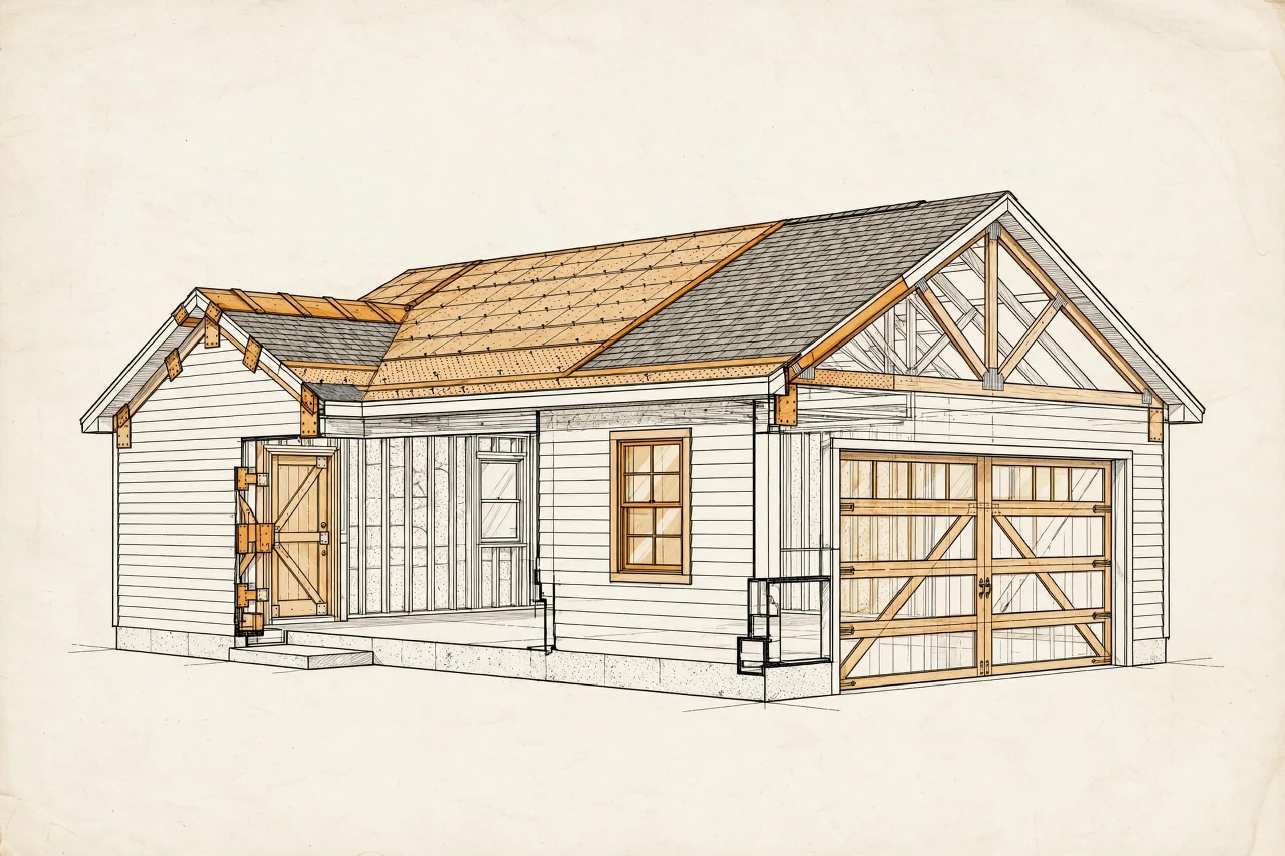 Blueprint cutaway of a Florida gable roof — roof-to-wall connections, truss geometry, window details